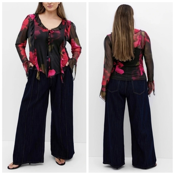 City Chic Tops - City Chic Vivid Mesh Print Sheer Sleeve Top | Frilled Detail | Size 22 | NWT